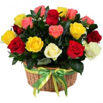 Basket of 25 colorful roses